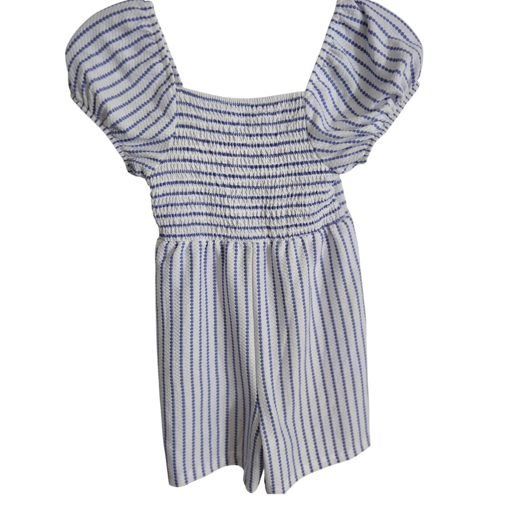 Primark Smocked Romper Girls 7-8 Blue White Striped Excellent Puff Sleeve